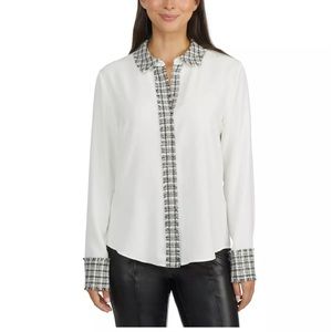 NWT Ellen Tracy Tweed Trim Button-Up Shirt Blouse